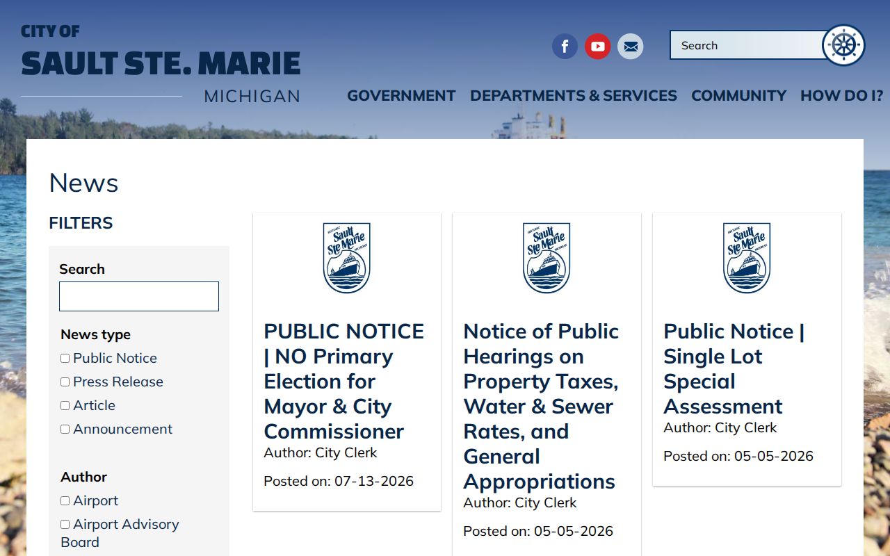 Official Sault Ste. Marie city news page with police announcement filters